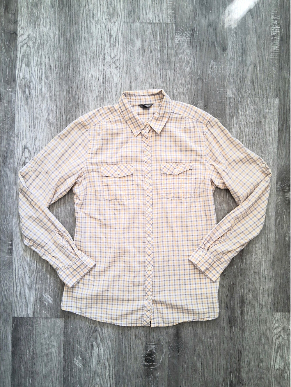 Eddie Bauer Women's Small Yellow Plaid Stretch Button Up Long Sleeve Shirt